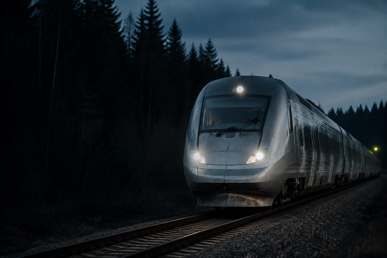 Illustration av ett silverfärgat tåg i ett nordiskt landskap